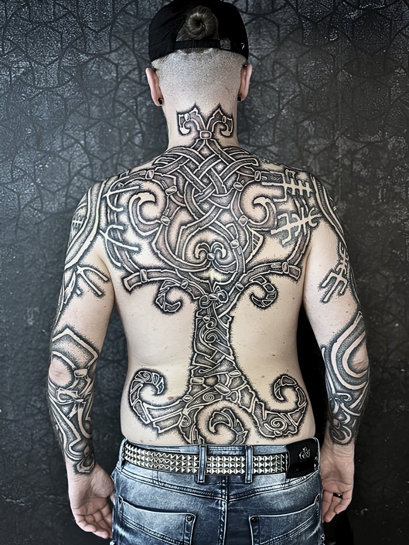 Neo Nordic Tree of Power full back tattoo. Hand drawn design, Nordic inspired art, full backpiece tattoo, Tree, Tree of life, tree of power, runes, sacred art, black ink
