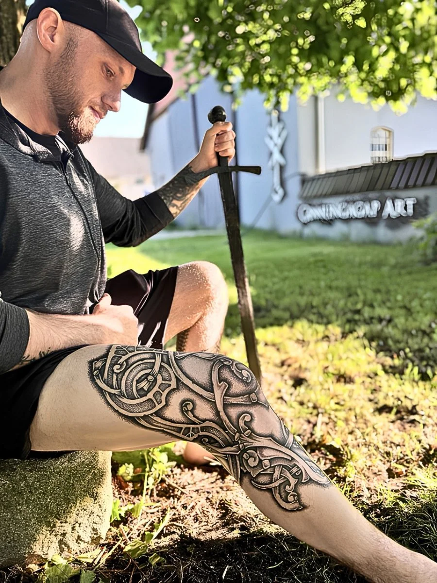 Neo Nordic Jormungandr leg tattoo. Nordic inspired, Nordic Mythology, Jormungandr, knotwork, Viking mythology, Viking beast, sacred art, black ink