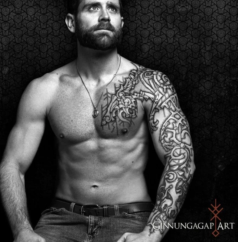 Neo Nordic Chest and full sleeve tattoo. Nordic inspired art, Viking mythology, Fenrir, Wolf, Viking beast, runes, sacred art, black ink hand drawn design.