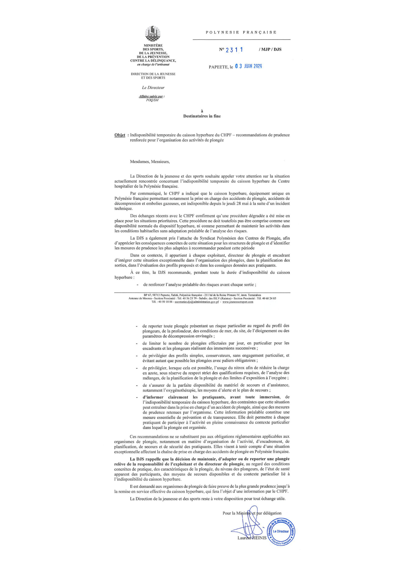 Courrier N° 2311/MJP/DJS du 3 juin 2026