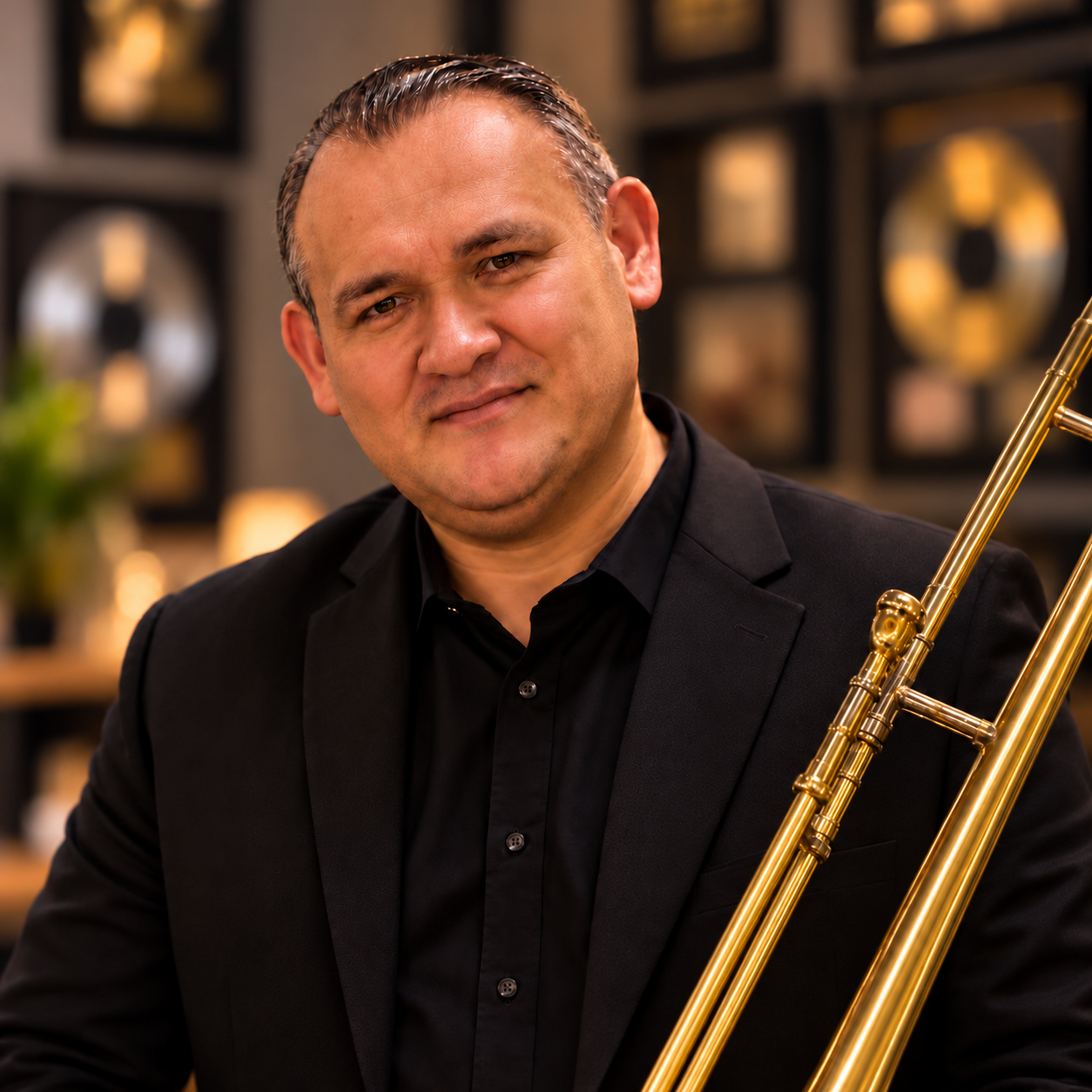 Francisco Torres, a smiling man in a dark jacket holding a trombone.