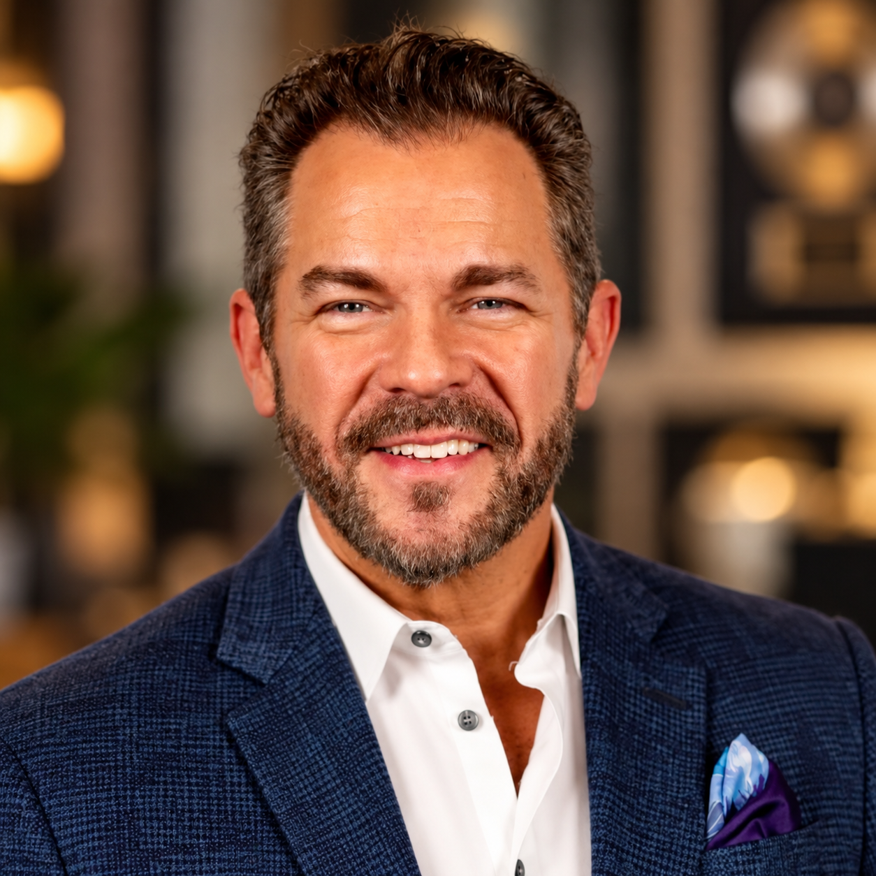 Michael Deaver, a smiling man with short brown hair and a beard, wearing a navy suit, white shirt and blue pocket square.