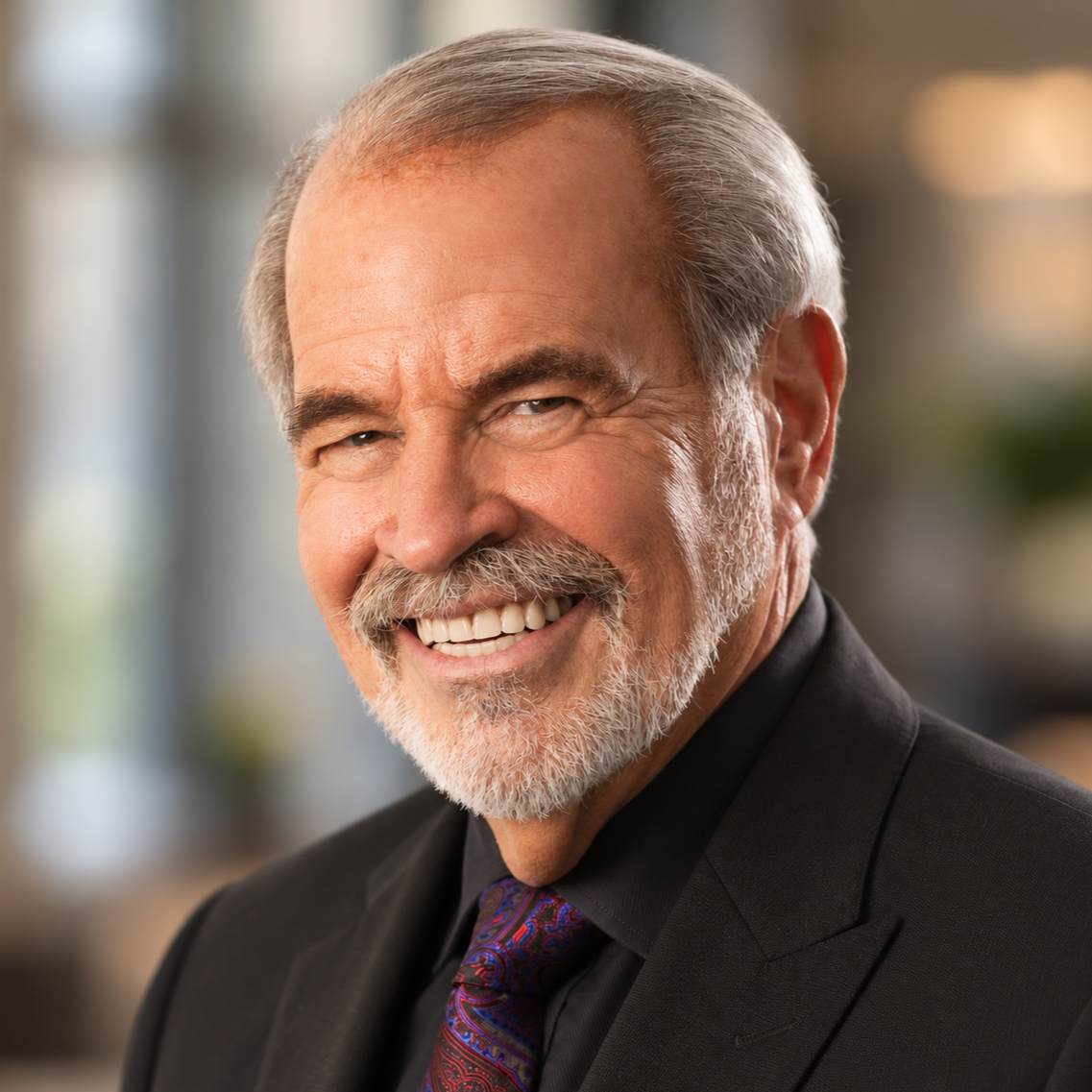 Portrait of Andy Chudd, a smiling man with white hair and a gray beard, wearing a dark jacket and purple tie.