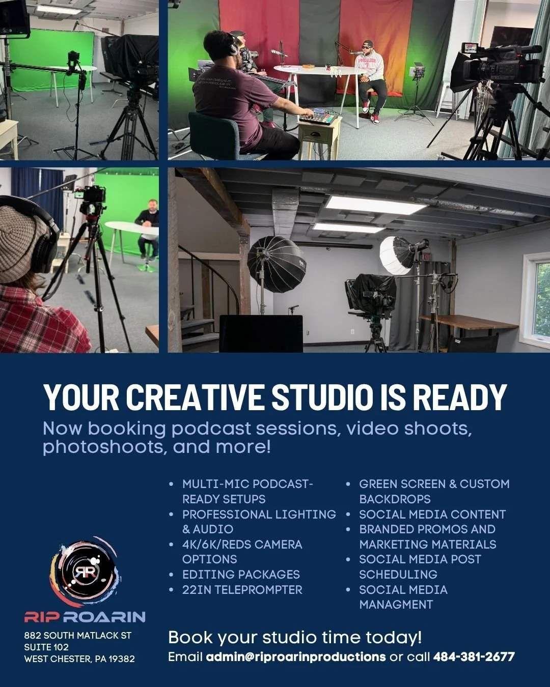 Collage of photos showing a video production studio with cameras, lighting, and green screens, and an advertisement for Rip Roarin Studio services offering podcast sessions, video shoots, and photoshoots with professional equipment and social media c