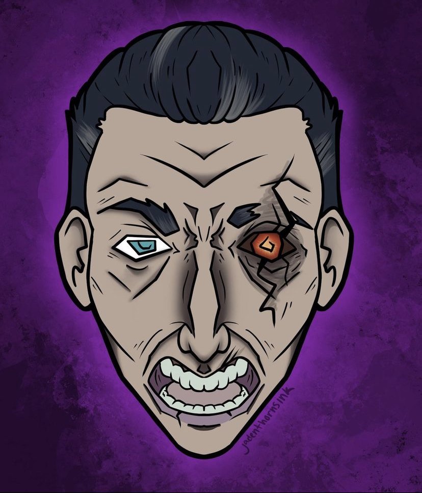 A digital illustration of Silco from League of Legends Arcane, a man's face with a robotic eye and a damaged, fiery eye, showing an angry expression against a purple background.