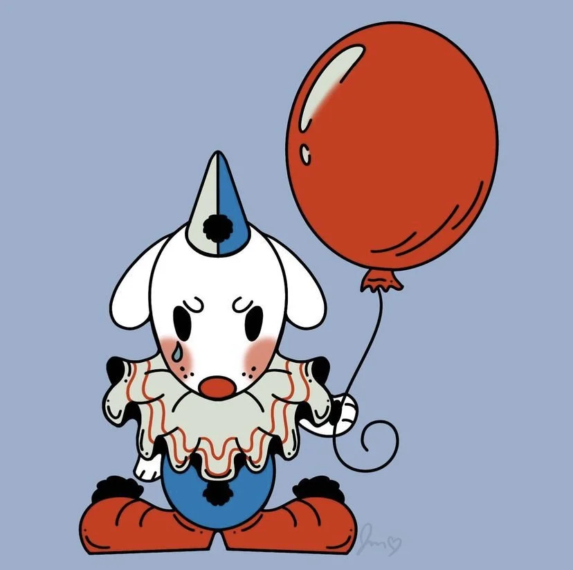 Cute cartoon dog dressed as a clown wearing a ruffled collar, clown makeup, red clown shoes, a blue party hat with a pom-pom, and holding a red balloon.