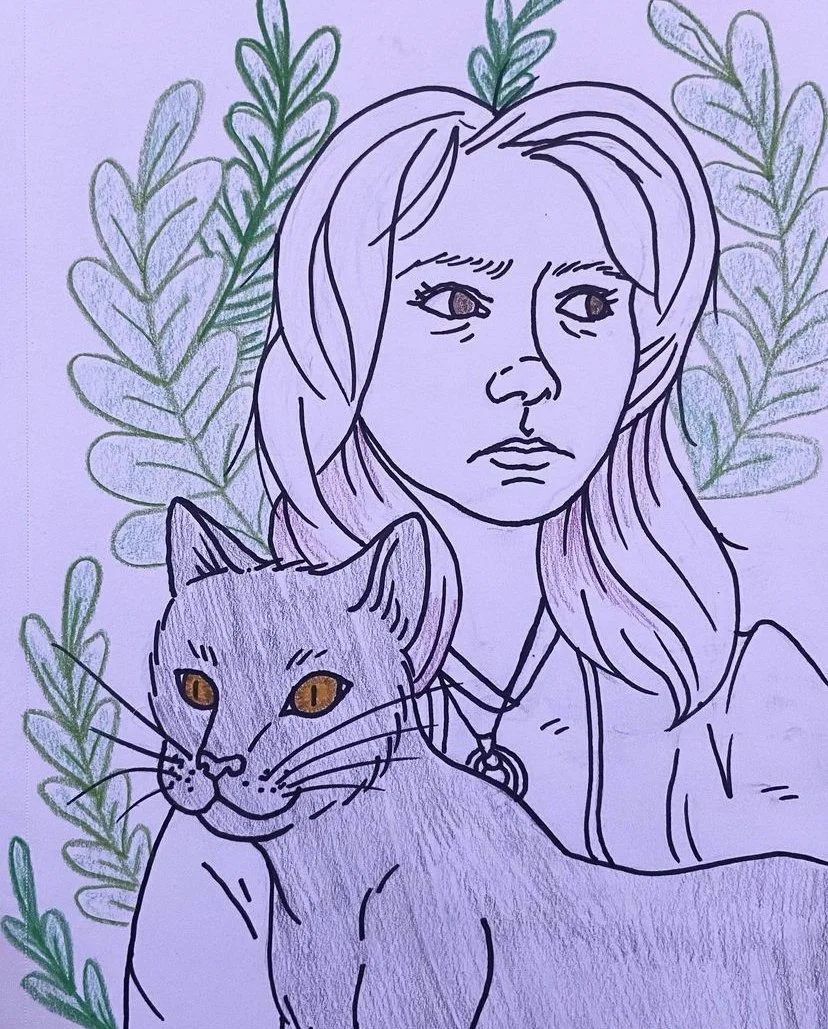 Line drawing of a woman with wavy hair and a serious expression, accompanied by a large cat with orange eyes, surrounded by leafy plants.