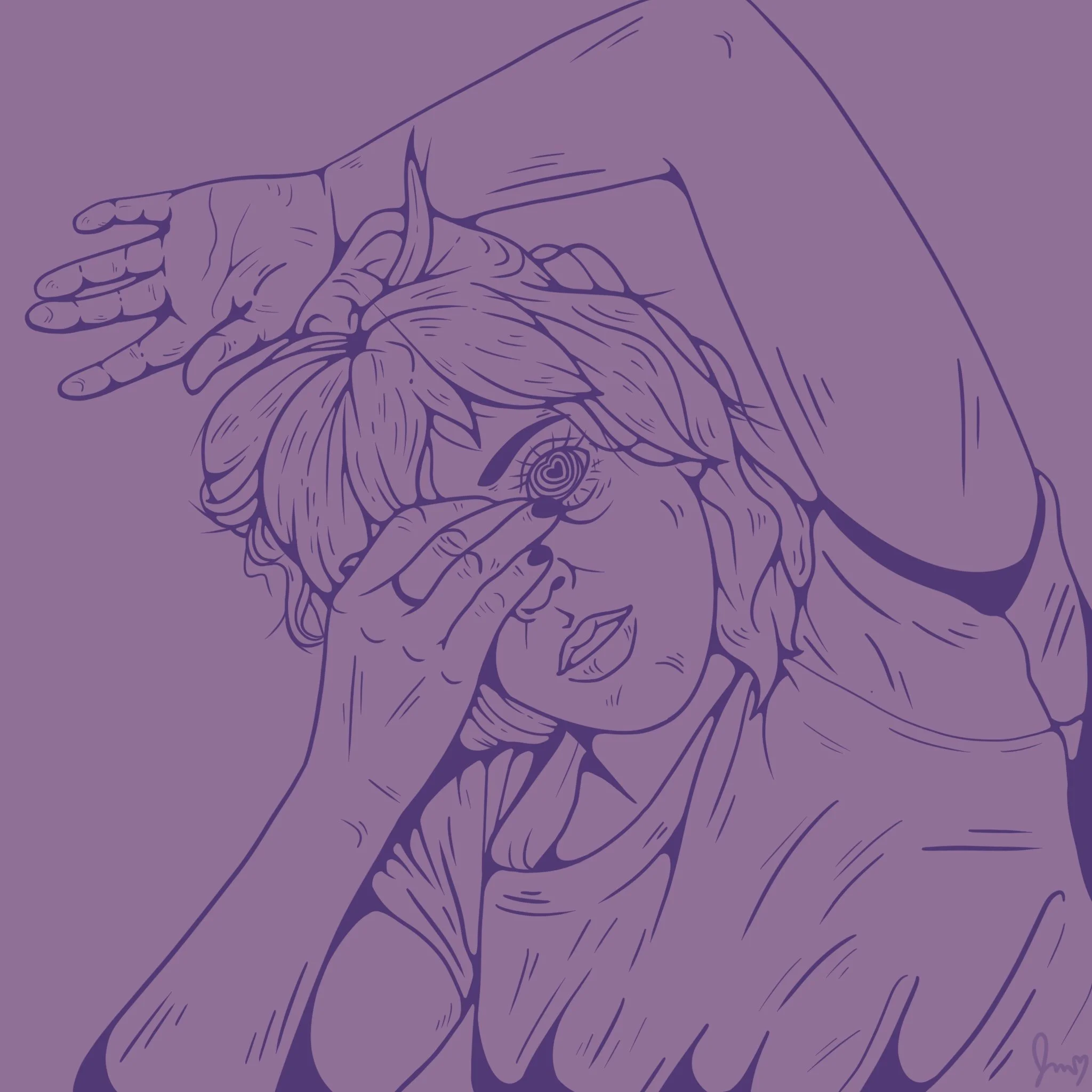A stylized line drawing of a woman with curly hair, holding her glasses with one hand while her other arm is raised above her head. The background is purple.