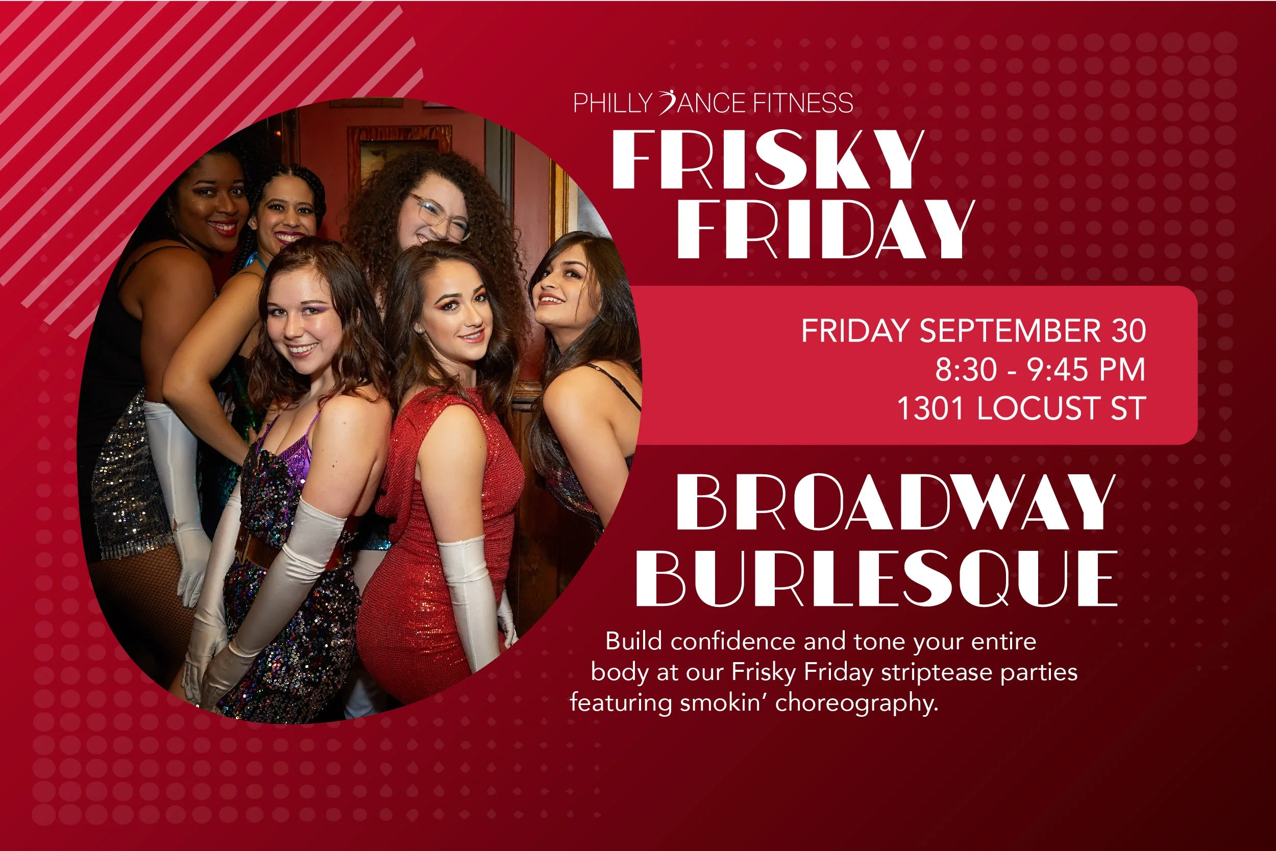 Group of women dressed in 1920s flapper costumes, smiling at a burlesque event promotion poster for a Friday night party.