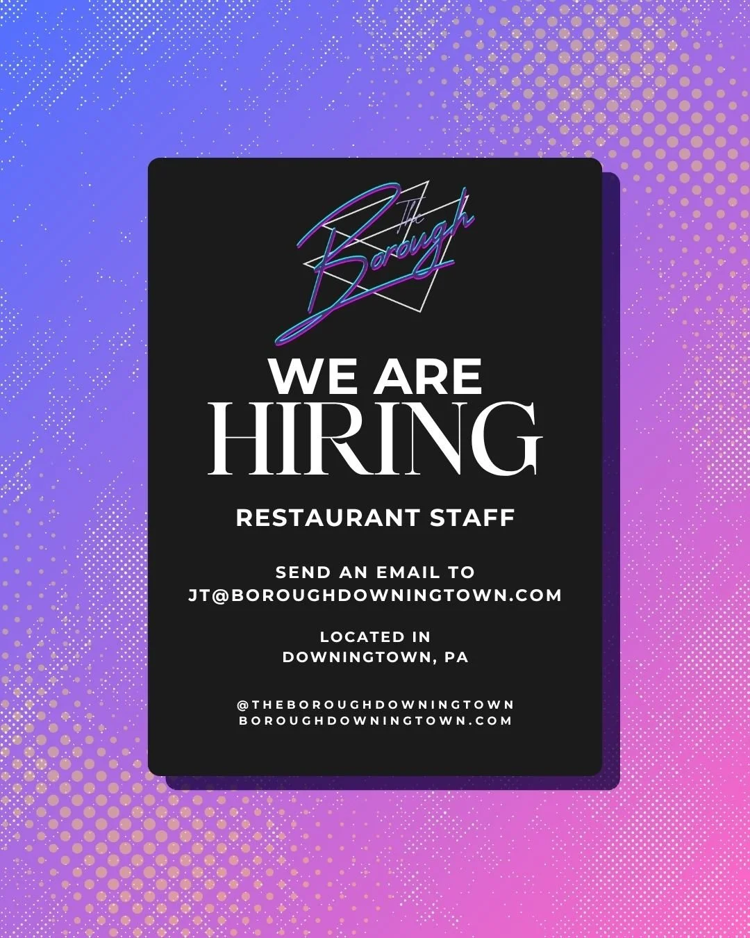A neon-style sign on a purple and pink dotted background announcing a restaurant hiring for restaurant staff, with contact information for applications.