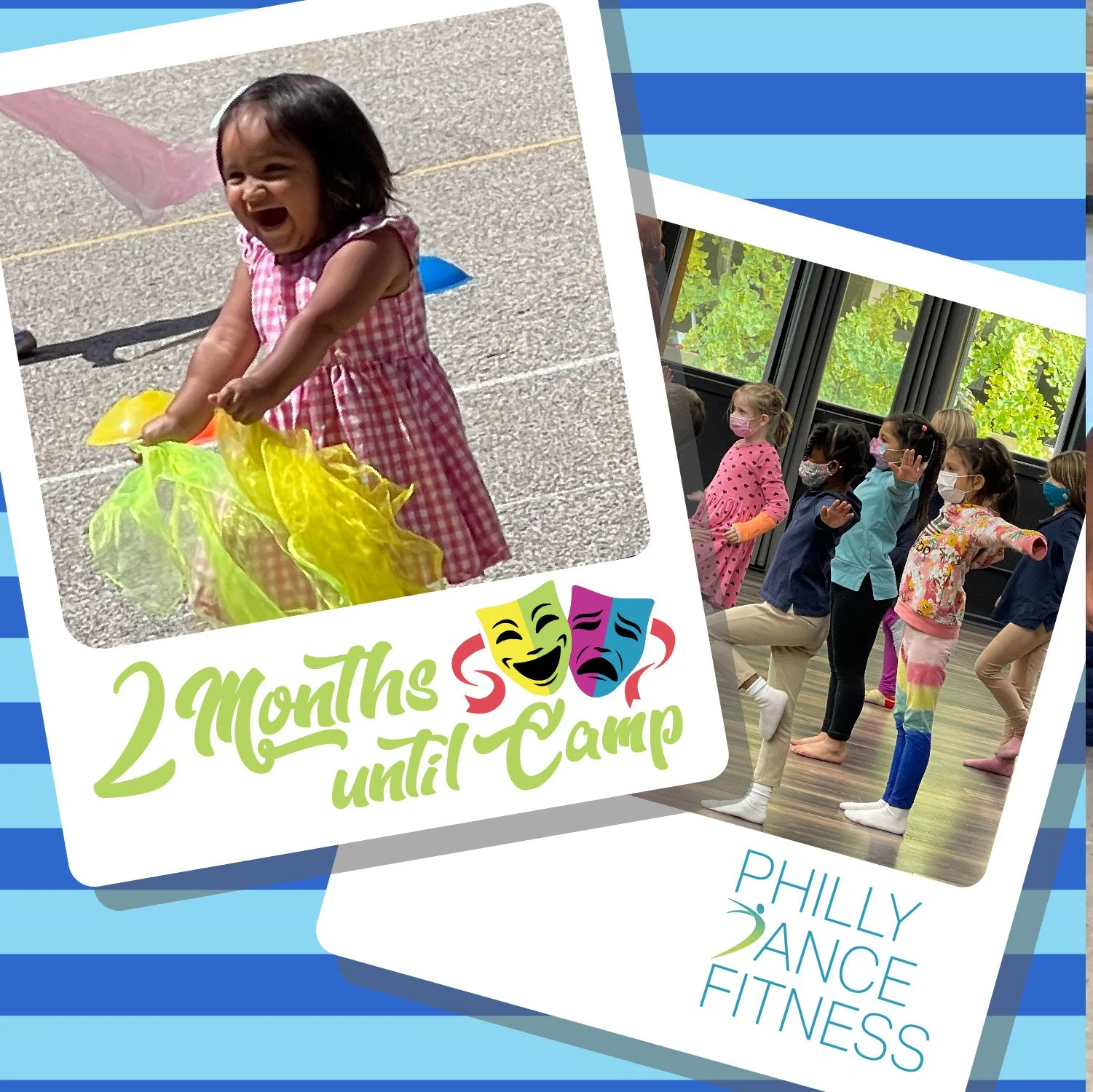 Collage of two photos with a blue striped background. The top photo shows a young girl in a pink checkered dress laughing and playing with colorful balloons on a sidewalk. The bottom photo shows a group of children wearing masks, practicing dance mov