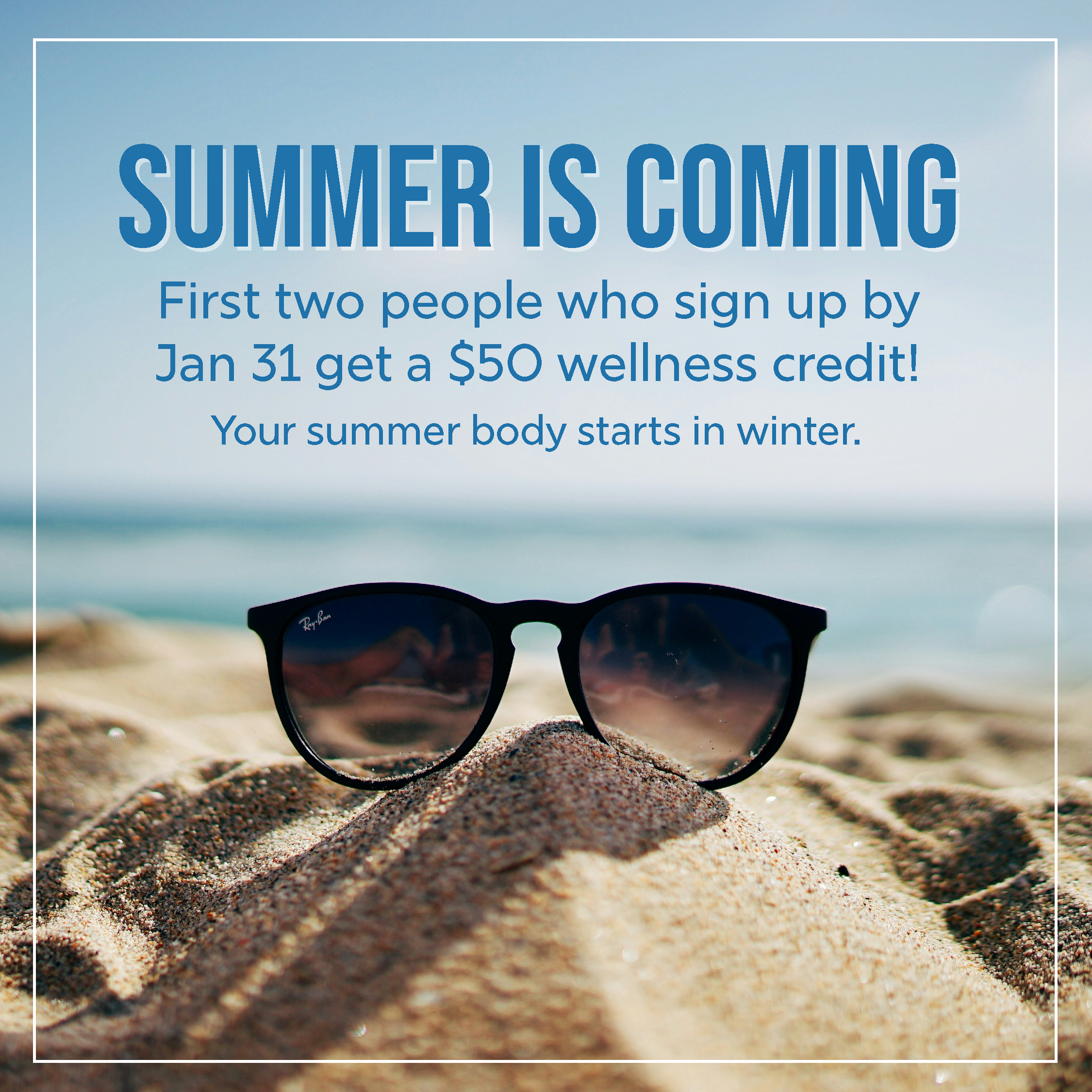 A pair of sunglasses resting on the sand with the ocean in the background, promoting a summer wellness offer.