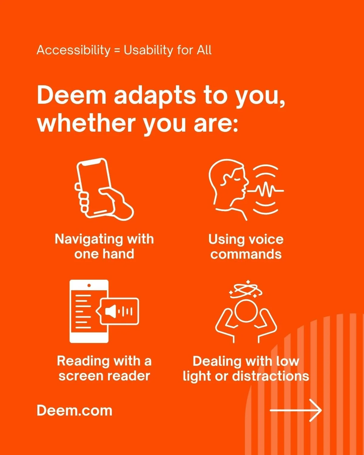 Orange infographic with white text and illustrations about accessibility, showing options such as navigating with one hand, using voice commands, reading with a screen reader, and dealing with low light or distractions, with a right arrow at the bott