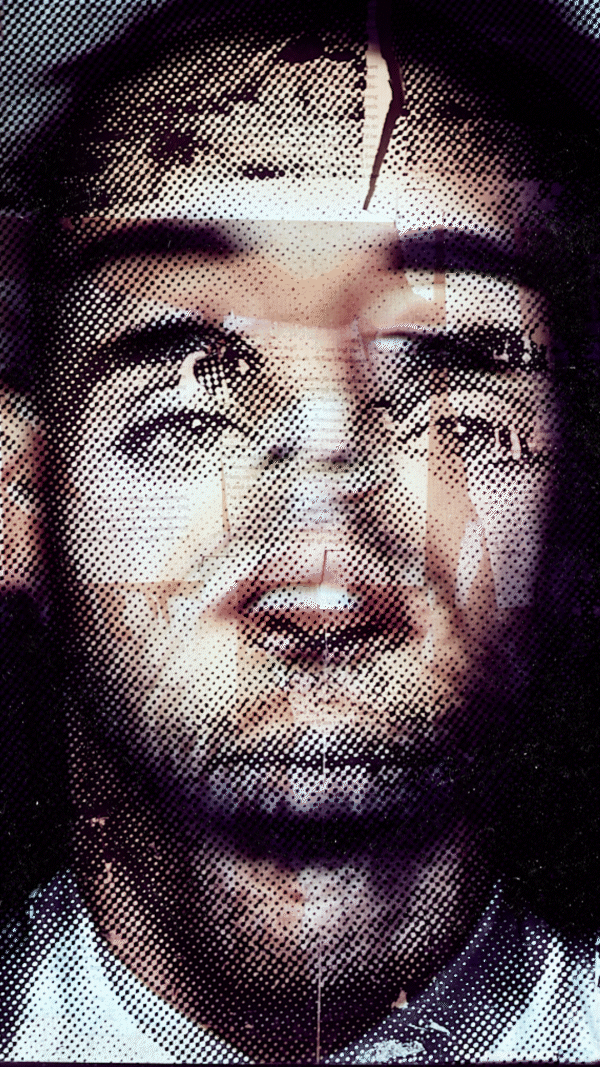 Abstract digital collage with overlaid human faces and halftone effect, creating a surreal, layered visual.