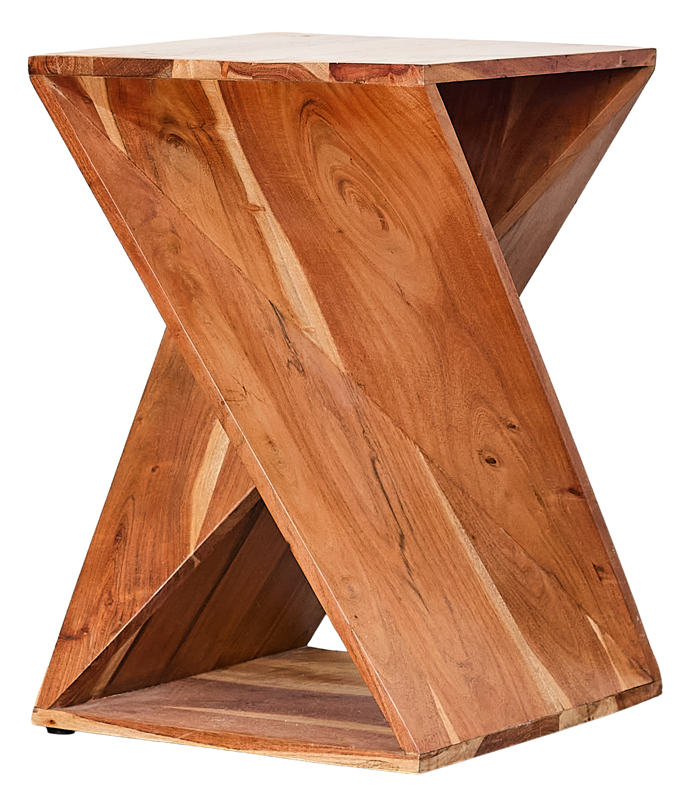 Wooden geometric side table with open shelving, made of natural wood with visible grain patterns.