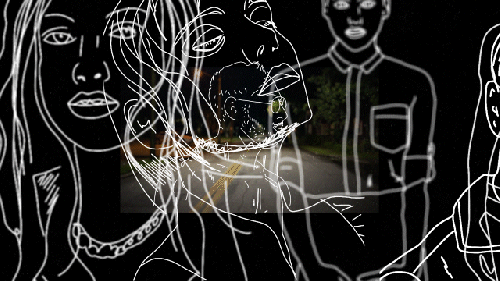 Abstract illustration overlay with line-art faces on a dark background.