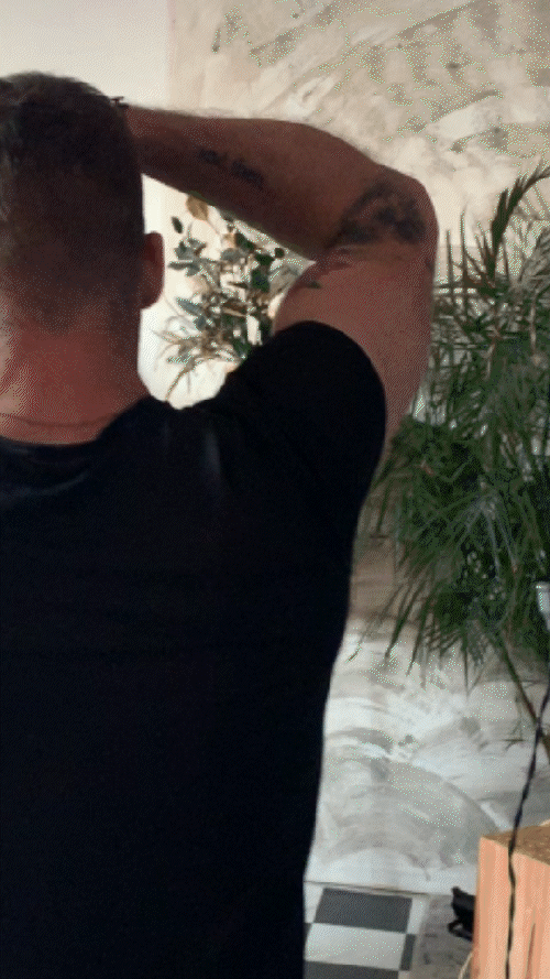 Man with tattoos standing indoors near plants, wearing a black shirt and holding his arms above his head.