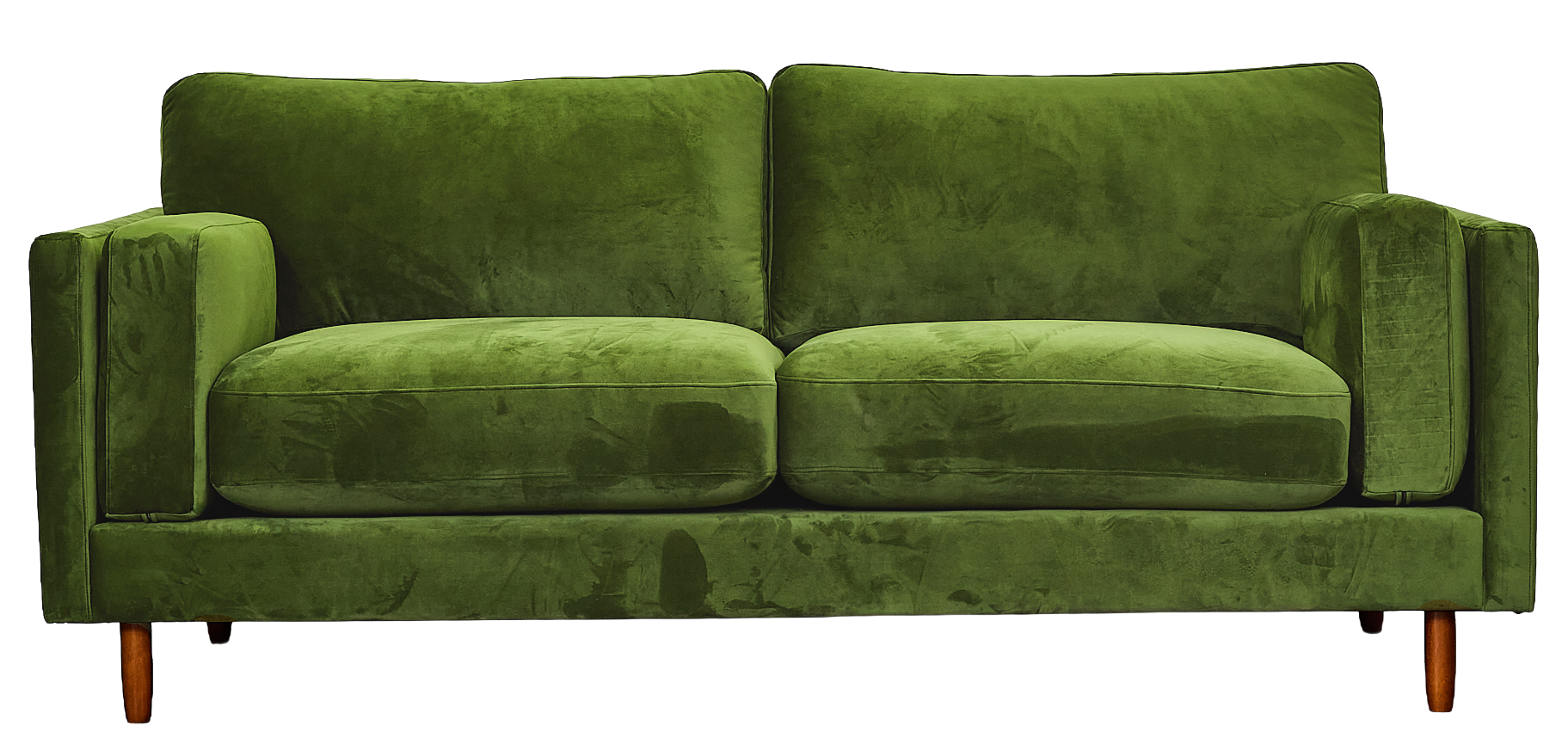A green velvet sofa with wooden legs.