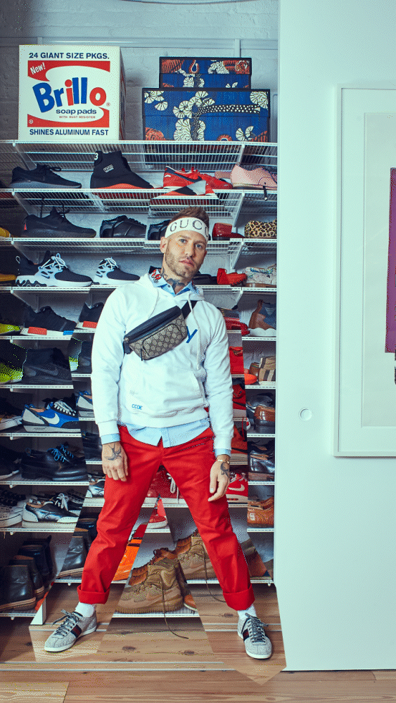Person in stylish outfit with headband and fanny pack standing in front of a shoe display with various sneaker brands and a box labeled "Brillo Soap Pads".