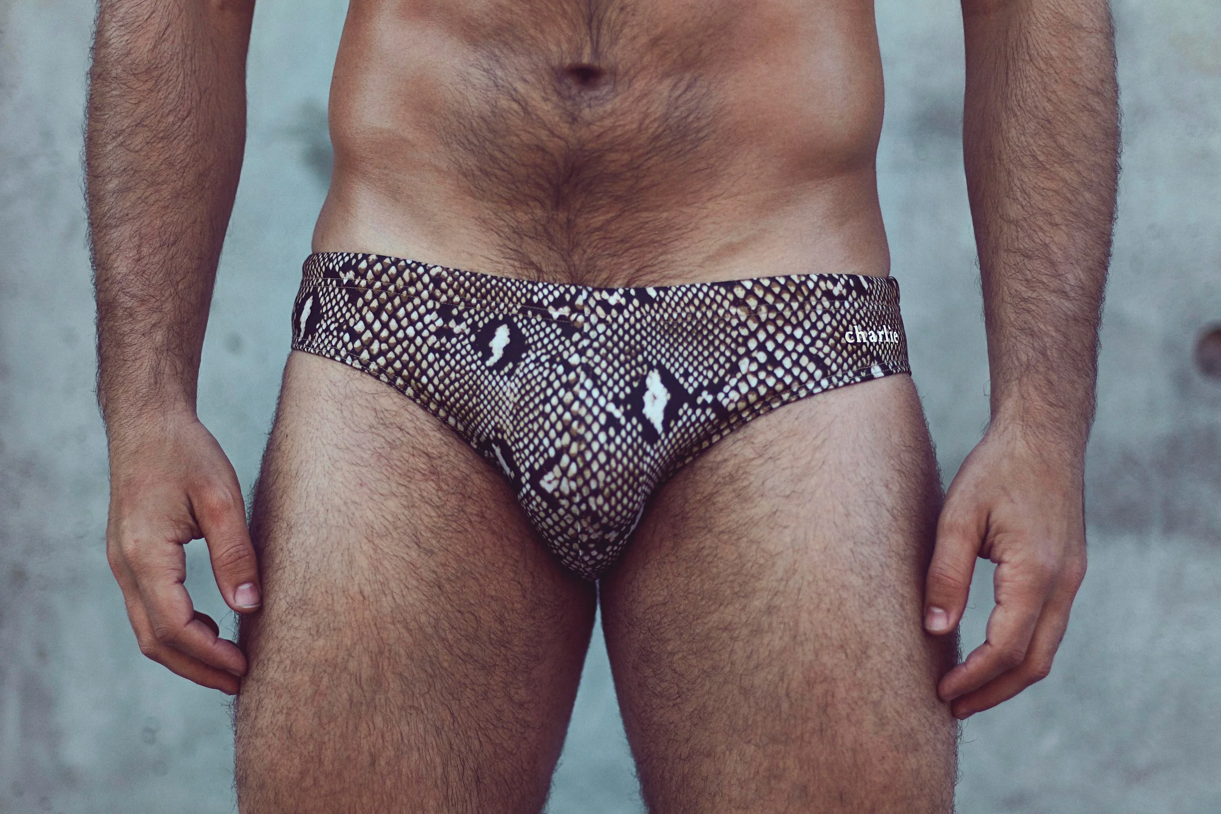 Close-up of a man's lower torso wearing snakeskin patterned underwear against a gray background.