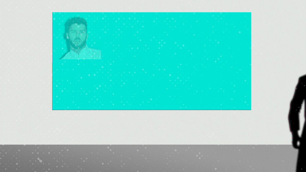 Silhouette of a person standing in front of a screen displaying a man in a shirt on the left side of the turquoise space, with a speckled white and gray background.