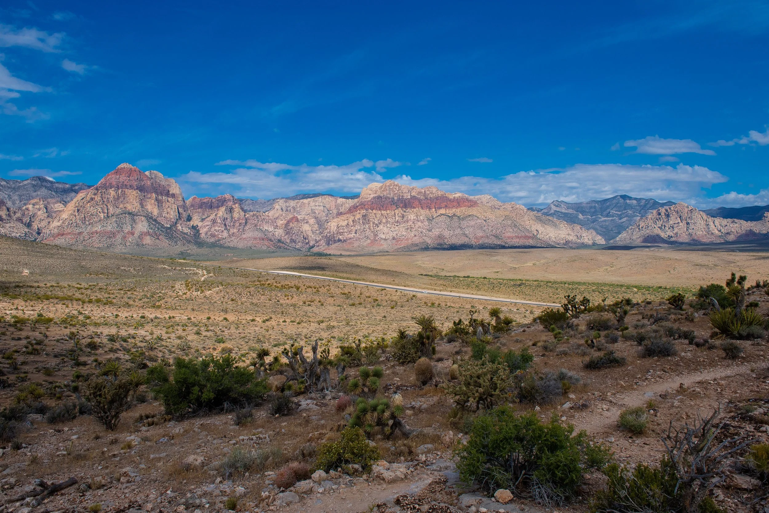 This photo captures the stunning beauty of Red Rock Canyon near Las Vegas, with a road running through the scene. The canyon walls are visible on either side of the road, with their unique and striking colors and textures creating a sense of awe and 