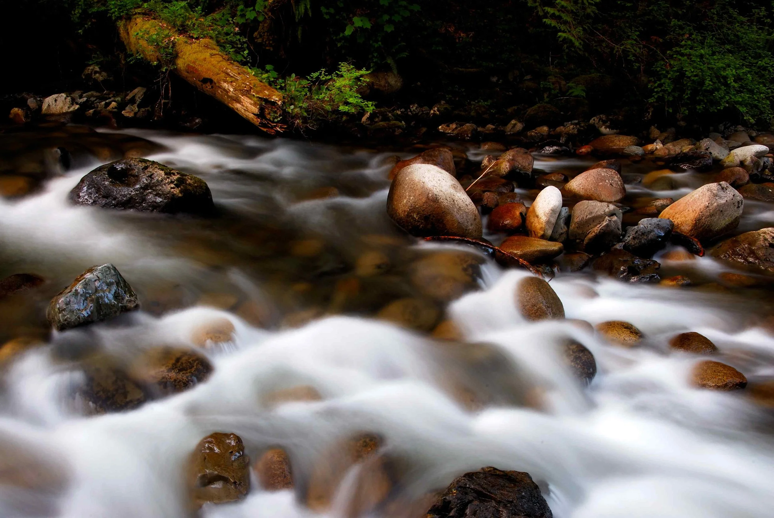 This photo captures the Wallace River in motion once again, cascading over rocks in a beautiful display of water and nature. The water is captured in mid-flow, with white rapids contrasting against the darker rocks. The photo is taken from a lower an