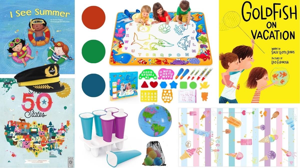 Summer vacation care package for grandchildren including pilot hat, water doodle mat, popsicle molds, inflatable globe, and summer books
