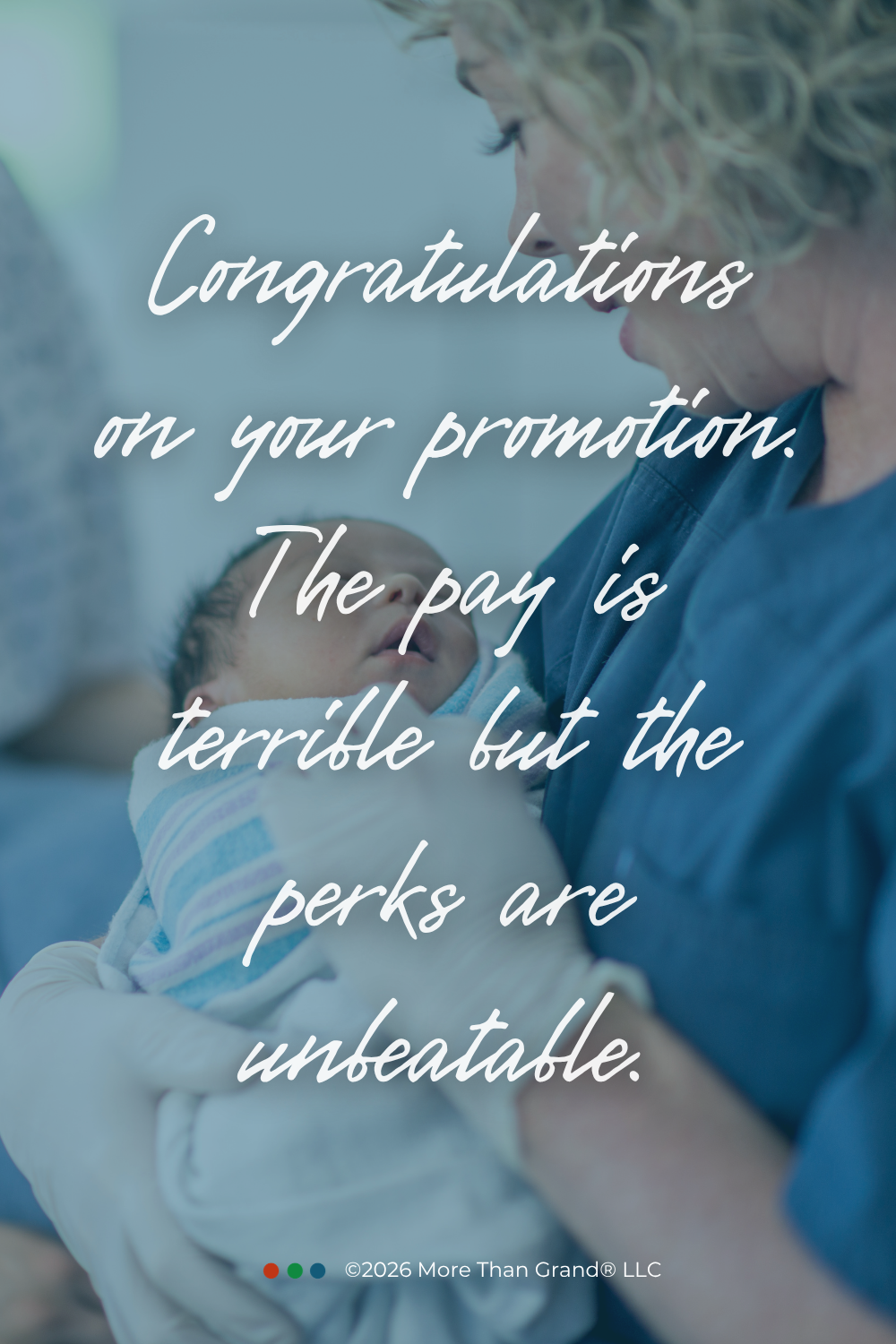 Grandmother holding newborn with message congratulating grandparents overlayed.
