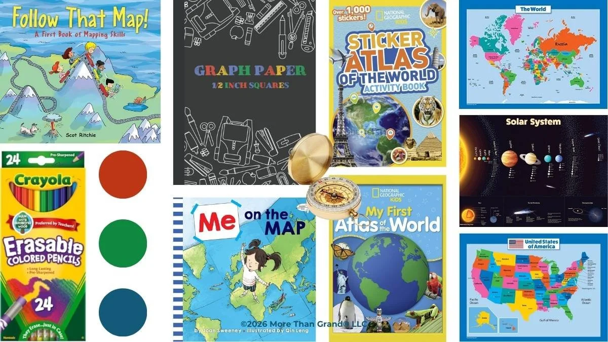 Explorer's kit care package for grandchildren including maps, compass, Follow That Map, Me on the Map, and National Geographic sticker atlas