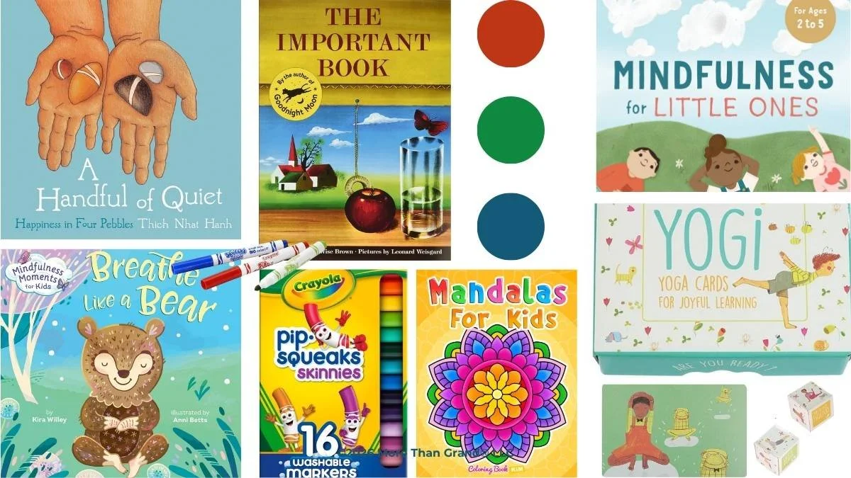 Mindfulness care package for grandchildren including A Handful of Quiet, Breathe Like a Bear, Yogi Yoga Cards, and mandala coloring book