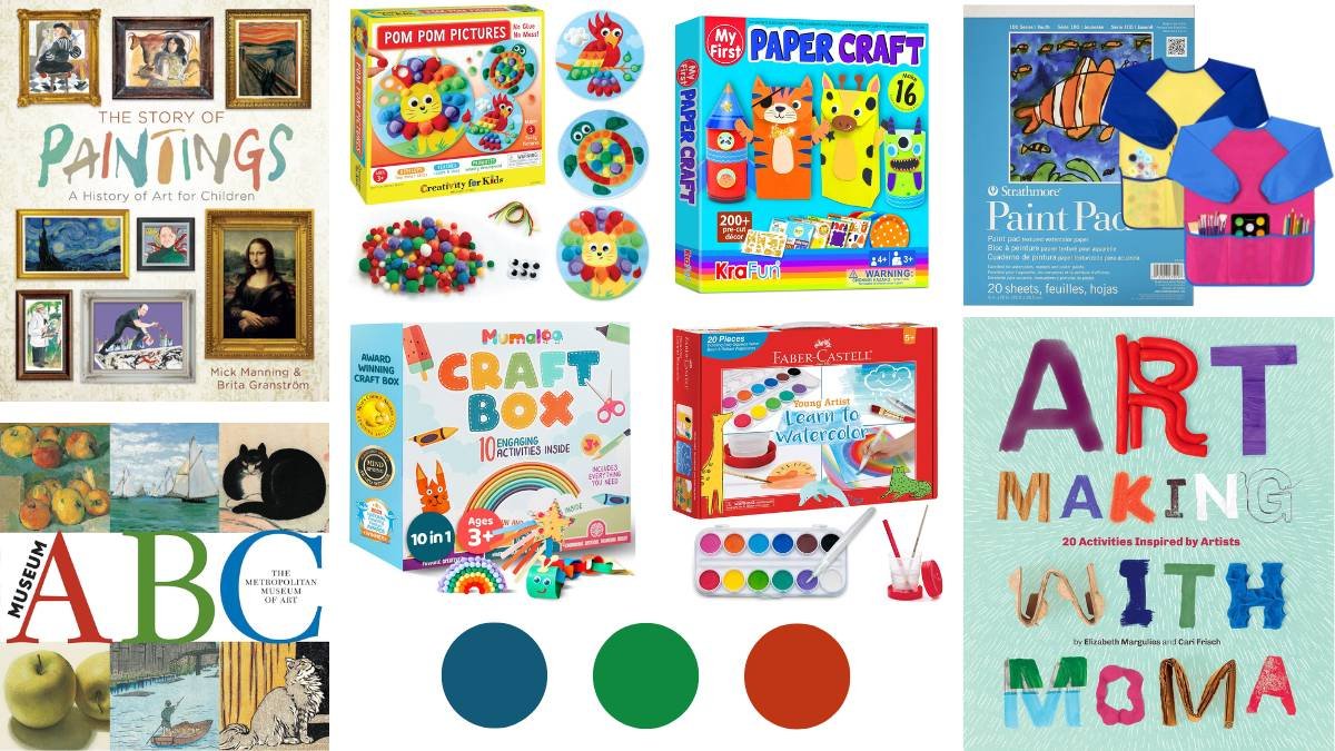 Art museum care package for grandchildren including The Story of Paintings, Art Making with MoMA, watercolor set, and craft kits