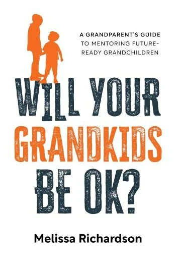 Book cover with orange and black letters and silhouette of grandparent and grandchild
