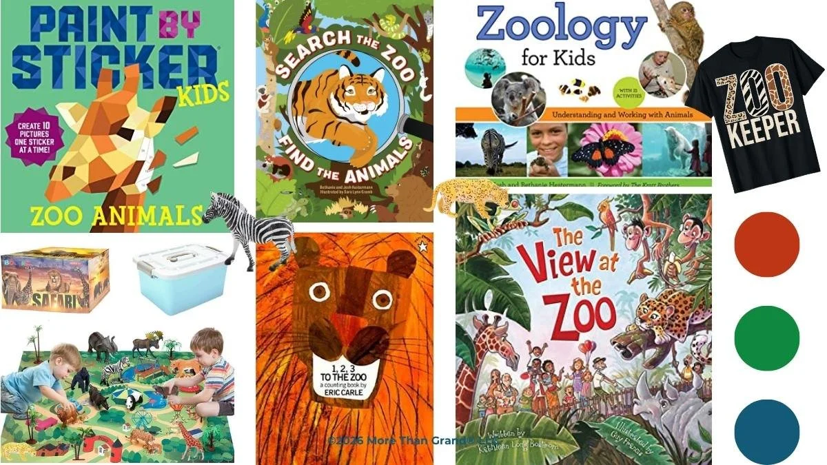 Zoo care package for grandchildren including zoo animal figurines, Paint by Sticker Zoo Animals, The View at the Zoo, and Zoo Keeper t-shirt