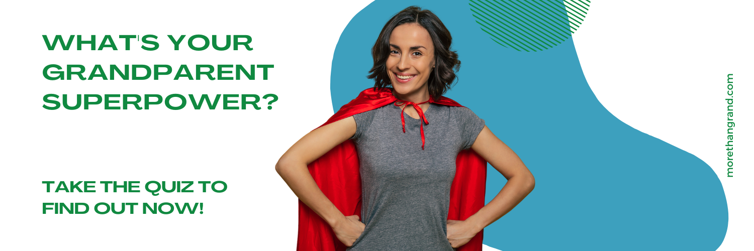 Smiling woman wearing a red superhero cape with hands on her hips, beside the text "What's your grandparent superpower? Take the quiz to find out now.
