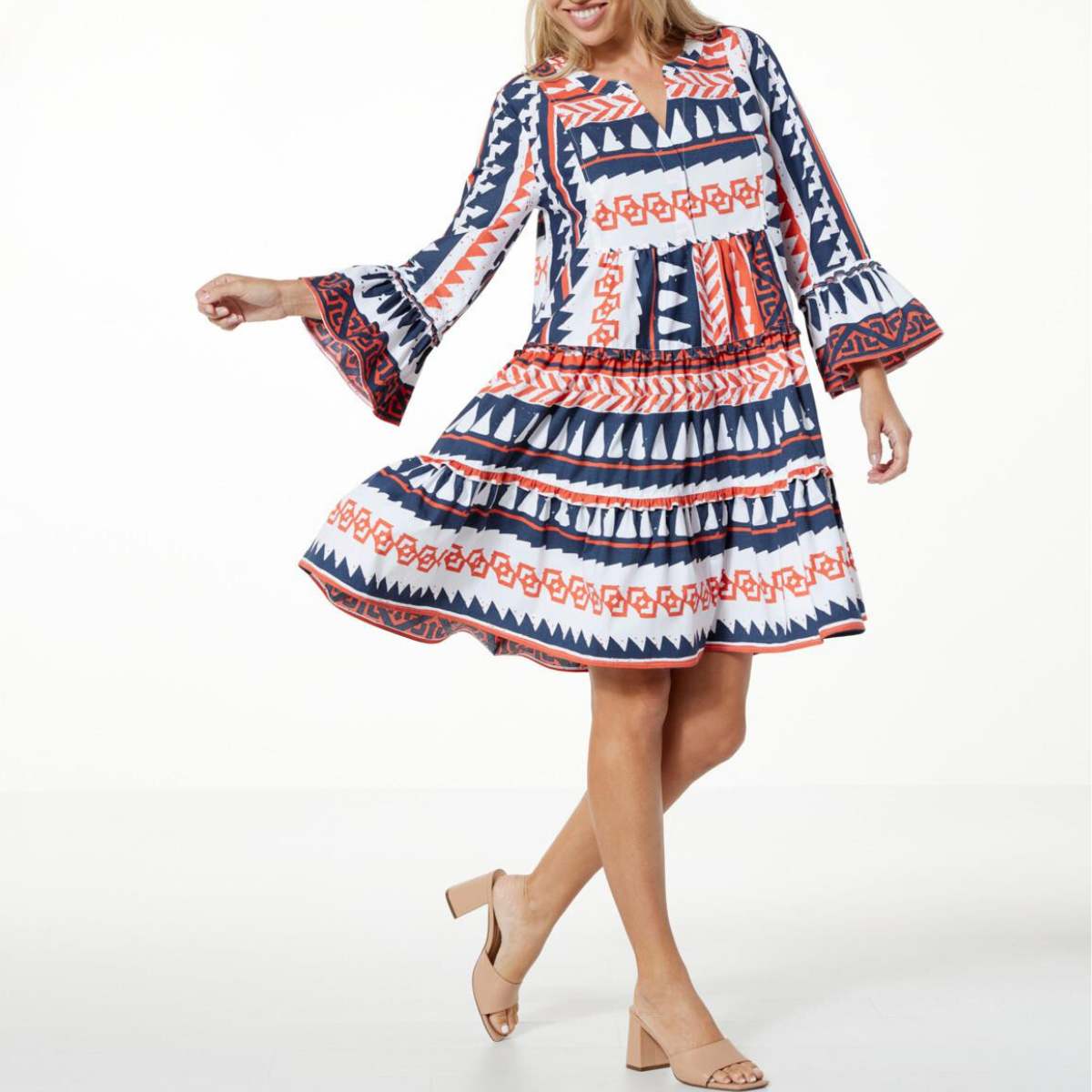 Printed Poplin Bell-Sleeve Tiered Dress