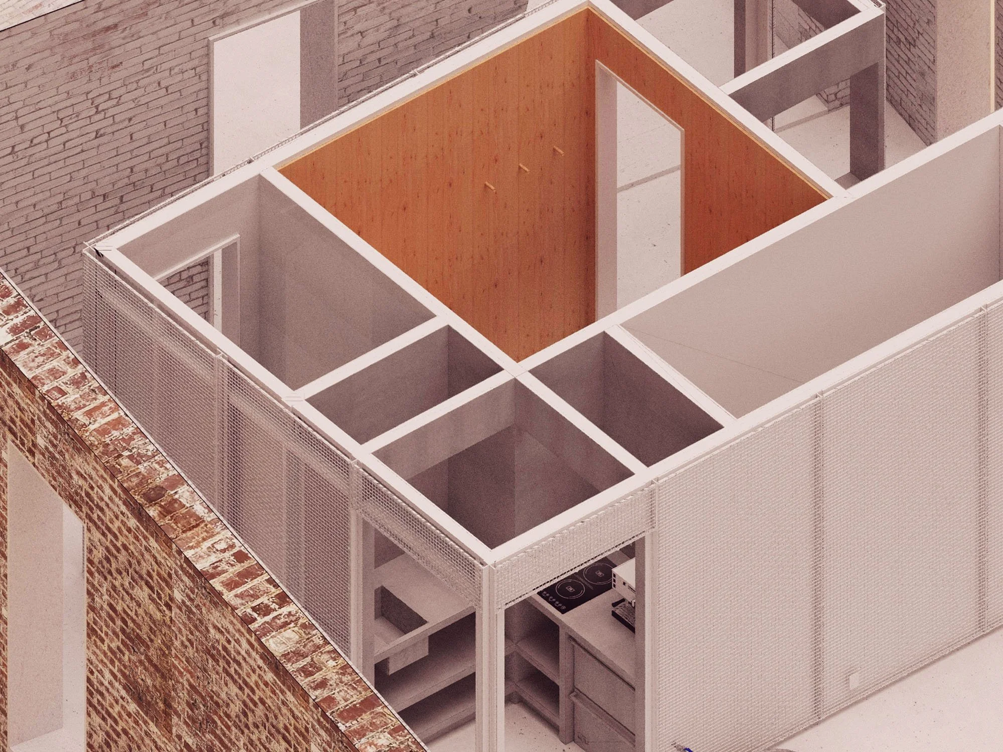  Architectural rendering of contemporary sauna and studio. 