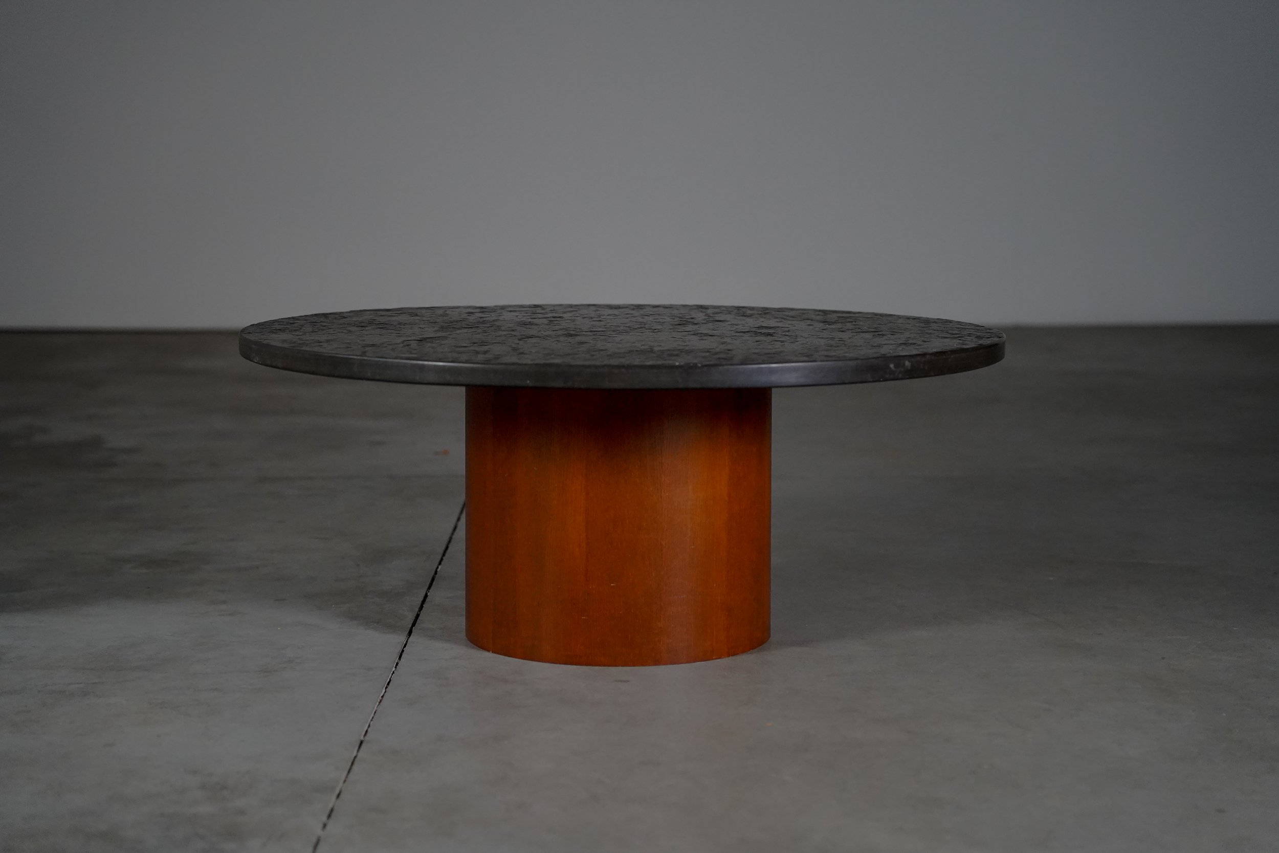 ROUND SLATE AND WOOD COFFEE TABLE