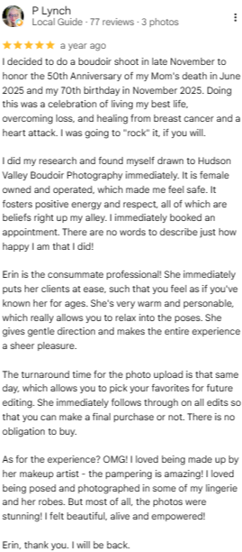 Screenshot of a social media post describing a boudoir shoot and positive experiences with Erin, a professional photographer