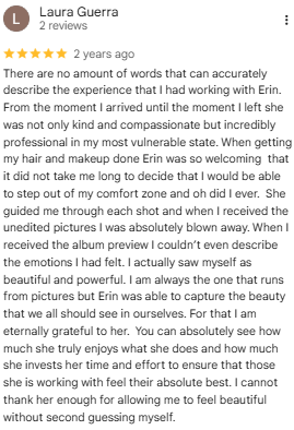 A handwritten note or letter describing emotional appreciation for a person named Erin, mentioning admiration for their beauty, kindness, and emotional intelligence.