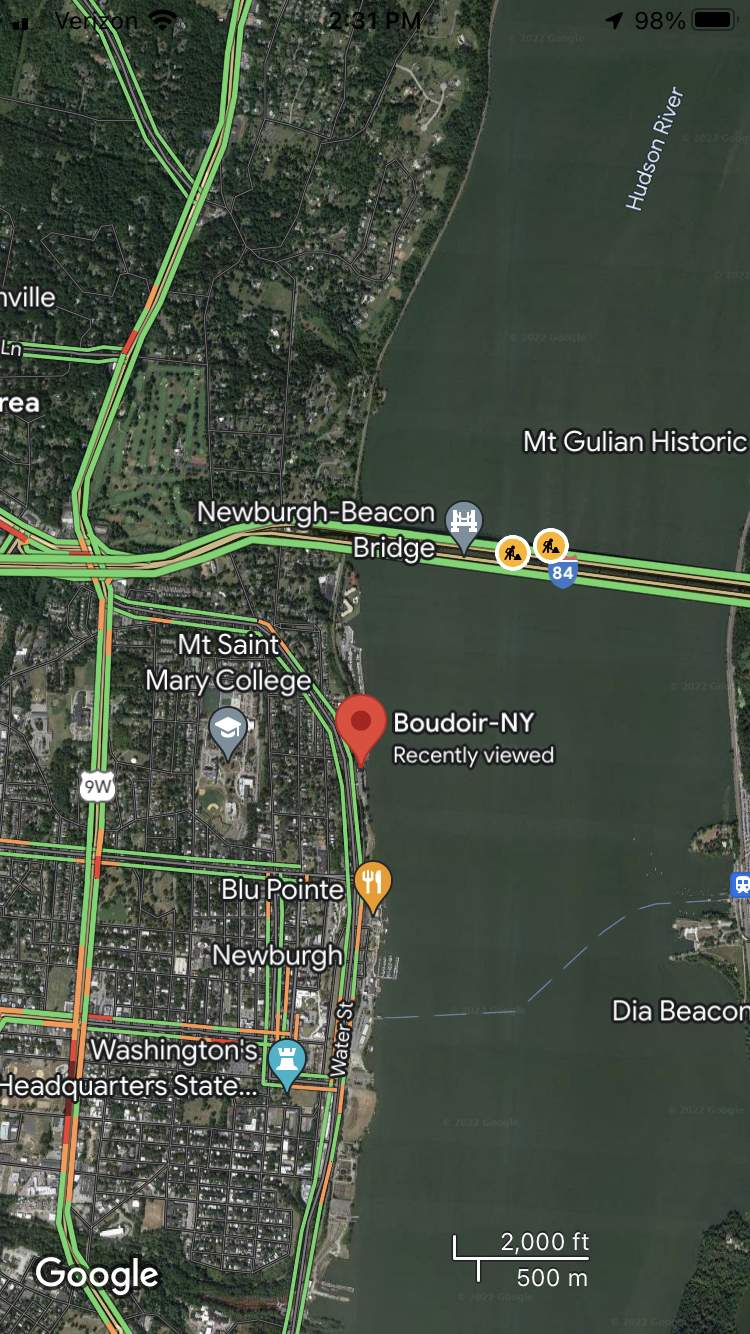 Map of Newburgh, NY highlighting city streets, the Hudson River, and landmarks including Mount Saint Mary College, Newburgh-Beacon Bridge, Washington's Headquarters State Historic Site, and Boudoir-NY marked with pins.