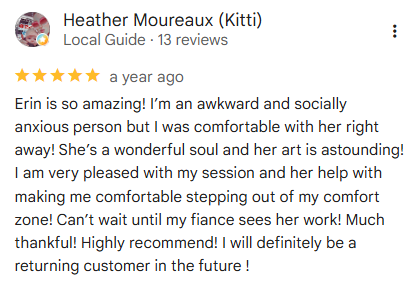 Review by Heather Moureaux (Kitti) expressing appreciation for Erin’s help during a counseling session, sharing positive feedback and intention to return.