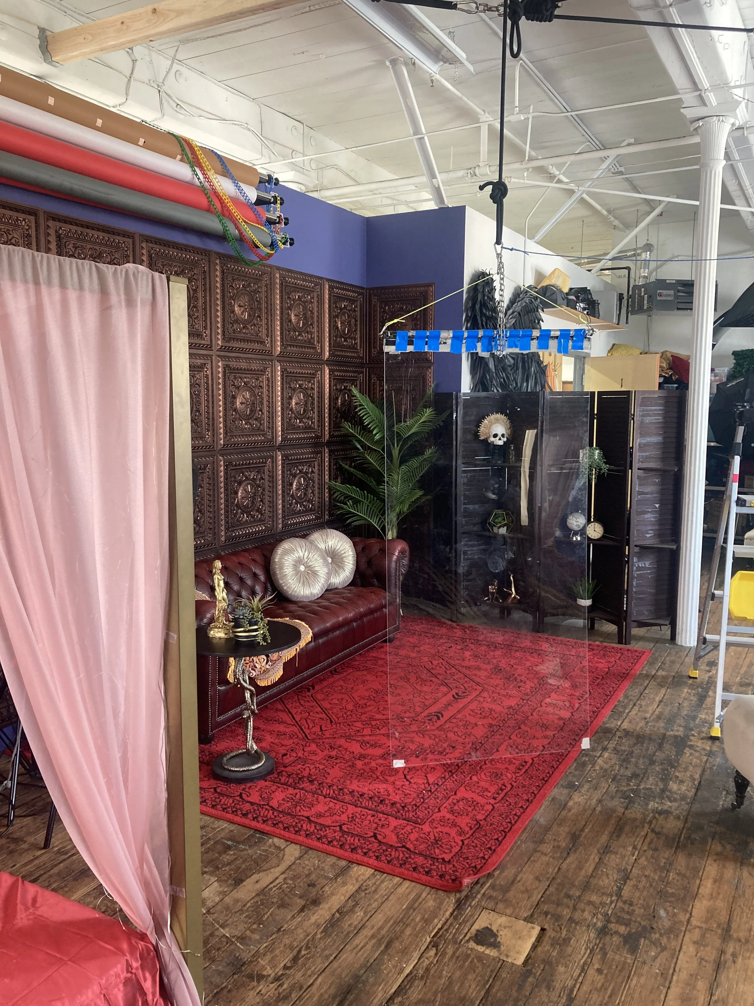 A room with a vintage red rug, a leather tufted sofa with round cushions, a small side table with decor, a decorative wooden wall panel, a potted plant, and a black display case with various objects including a skull decoration. There is a pink curta