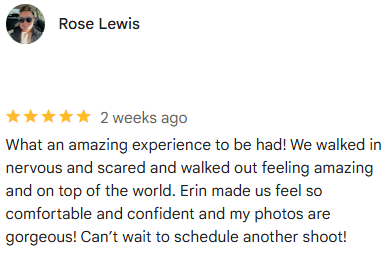 Screenshot of a positive online review by Rose Lewis praising Erin for a photoshoot experience.
