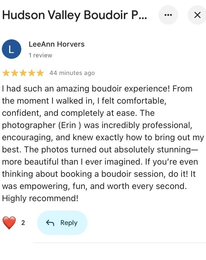 Customer review for Hudson Valley Boudoir Photography by LeeAnn Horvers, praising the professional photographer Erin and the flattering photos, recommending booking a boudoir session.