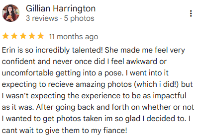 Screenshot of a Google review. The reviewer, Gillian Harrington, praises Erin for her photography skills and positive attitude.