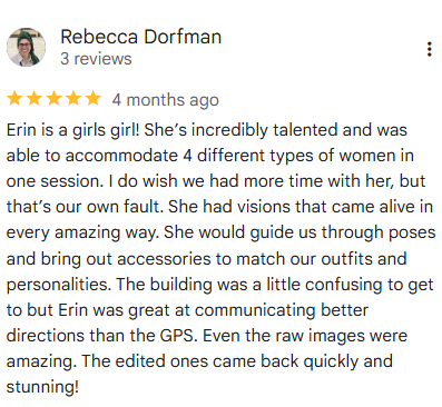 Screenshot of a Yelp review by Rebecca Dorfman praising Erin for her talent, guidance, and helpfulness during a photoshoot, with 5-star rating.
