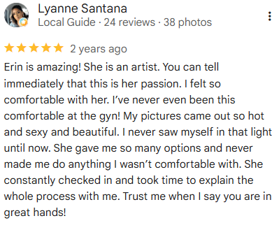 Screenshot of a positive online review praising Erin for her art and customer care.