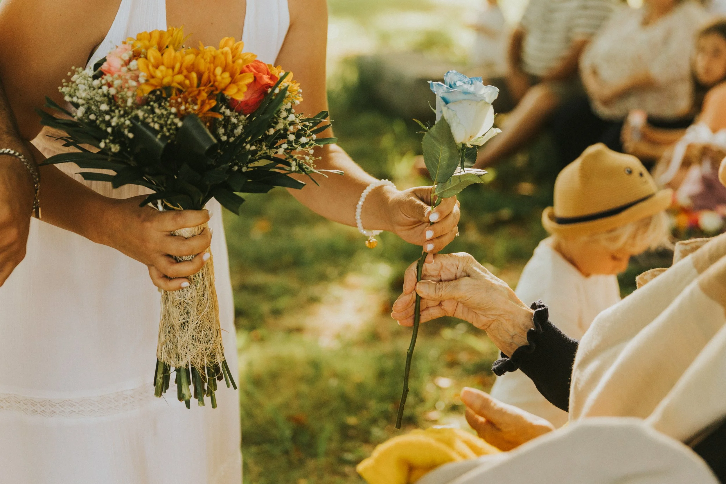 Pessoa segurando um buquê de flores coloridas, enquanto outra pessoa entrega uma rosa azul. Pessoas ao fundo participando de um evento ao ar livre.