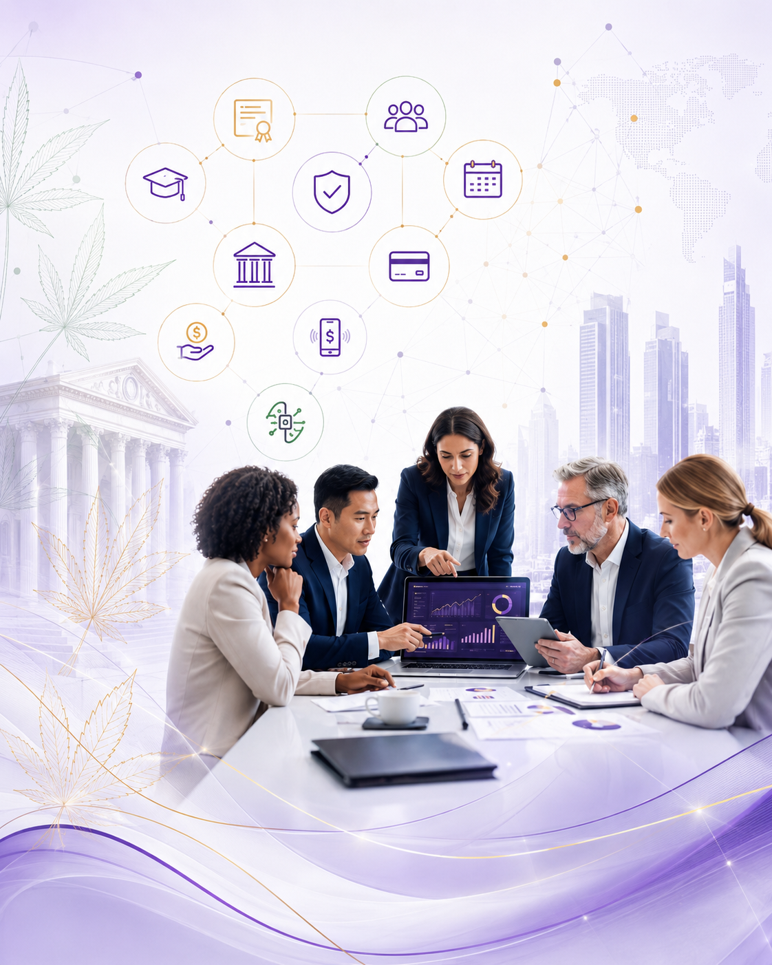 Professionals gathered around a laptop watching banking webinars and training